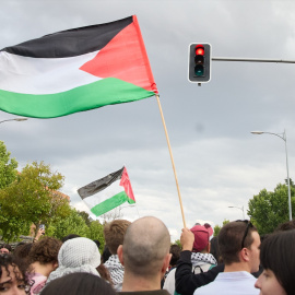 Varias personas durante la concentración en solidaridad por el pueblo palestino en Madrid, a 14 de mayo de 2024.