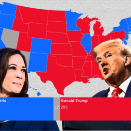 07/11/2024 Kamala Harris, candidata demócrata a la presidencia de los EEUU, y Donald Trump, candidato republicano. En medio, un mapa con los resultados de las elecciones por estados.