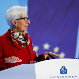 La presidenta del BCE, Christine Lagarde, durante la rueda de prensa para explicar la nueva subida de tipos de interés este 16 de marzo de 2023 en Frankfurt.