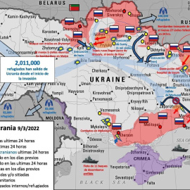 Mapa de Ucrania que muestra el avance de las tropas rusas y las principales batallas y bombardeos en el país.