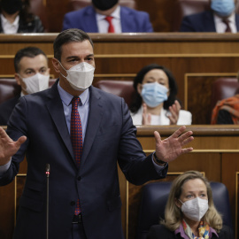 09/03/2022.- El presidente del Gobierno, Pedro Sánchez durante la sesión de control al ejecutivo este miércoles en el Congreso donde defiende las actuaciones del Gobierno en el marco de la Unión Europea y de la OTAN respecto a la situación 