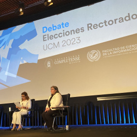 Los candidatos a la Rectoría de la Universidad Complutense de Madrid, Esther del Campo y Joaquín Goyache, debaten a dos días de la segunda vuelta, a 27 de marzo de 2023.