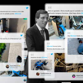 Ilustración de José Luis Martínez-Almeida y varios tuits atendidos por BiciMad ante el deterioro del servicio.