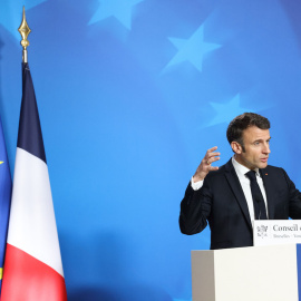 El presidente de Francia, Emmanuel Macron, durante una conferencia de prensa en una cumbre de la UE en Bruselas, a 24 de marzo de 2023.