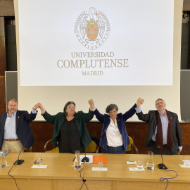 26/03/2023. Esther del Campo en la presentación del acuerdo , junto a los demás candidatos: María Castro Morera, Iñaqui López Sánchez y Jesús Pérez Gil, a 24 de marzo de 2023.