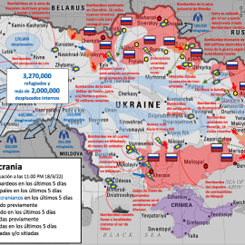 Mapa de la invasión rusa a Ucrania desde el 13 al 18 de marzo de 2022.