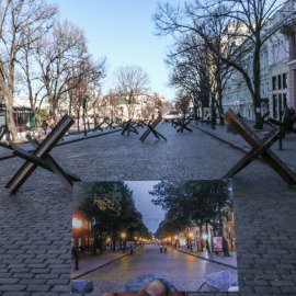 Vista general de la calle Deribasivska con barricadas frente a una fotografía del mismo lugar antes de la invasión rusa. Imagen del 22 de marzo de 2022.