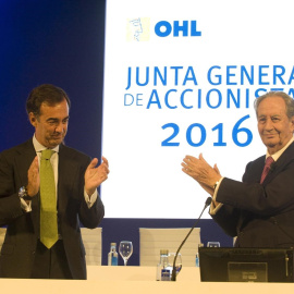 Juan Miguel Villar Mir y su hijo y sucesor en OHL,  Juan Villar-Mir de Fuentes, en la última junta de accionistas de la constructora. E.P.