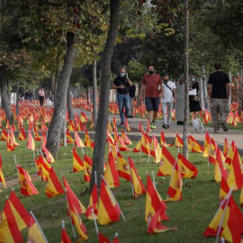 Vista de las 53.000 banderas colocadas por la Asociación Nacional de Víctimas y Afectados por Coronavirus (Anvac) junto al río Guadalquivir a su paso por Sevilla este domingo "en homenaje" y para "pedir justicia" por los fallecidos durante 