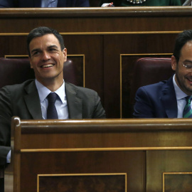 El líder del PSOE, Pedro Sánchez, y el portavoz parlamentario socialista, Antonio Hernando, durante la sesión de control al Gobierno, en el Congreso. EFE/Juan Carlos Hidalgo