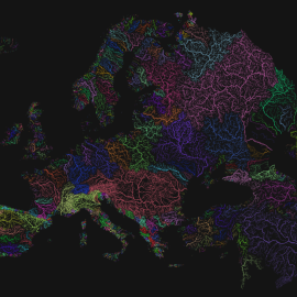 Los diferentes colores representan las cuencas de los principales ríos europeos, estudiados para inventariar las barreras existentes.