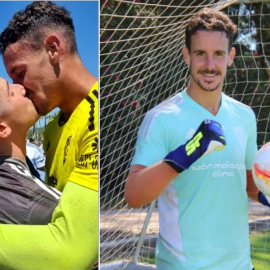 El portero Alberto Lejárraga celebra con su novio el ascenso del Marbella a la cuarta categoría de fútbol masculino en España.