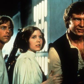 Mark Hamill (Luke Skywalker), Carrie Fisher (la princesa Leia) y Harrison Ford (Han Solo) en 'Star Wars'.