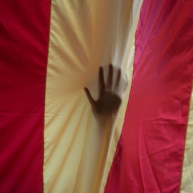 Una mano vista a través de una estelada gigante colocada en el edificio histórico de la Universidad de Barcelona. REUTERS/Enrique Calvo