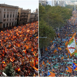 A la izquierda, manifestación en Barcelona organizada por Sociedad Civil Catalana el pasado 8 de ocubre; a la derecha, marcha convocada por ANC y Òmnium Cultural el pasado 21 de octubre, tras el ingreso en prisión de sus presidentes Jordi S