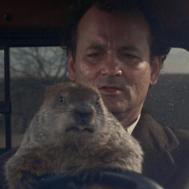 Phil, protagonista del Día de la Marmota, y el actor Bill Murray, en la película 'Atrapado en el tiempo'.