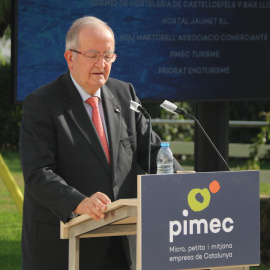 El president de Pimec, Josep González, durant l'acte celebrat aquest divendres a Barcelona.