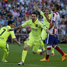 Messi celebra su gol ante  el Atletico de Madrid, que hace al Barça campeón de Liga a falta de un partido para que termine la temporada. REUTERS/Andrea Comas