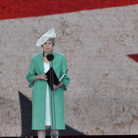 5.06.2019 - Theresa May durante el evento conmemorativo del 75 aniversario del Día-D en  Portsmouth, Inglaterra. REUTERS/Toby Melville