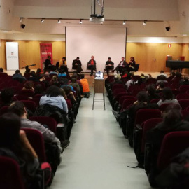 Moment del debat entre candidats organtitzat pel Sindicat de Llogaters, aquest dilluns a la facultat de Geografia i Història de la UB. /Sindicat de Llogaters.