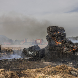 Bales de palla cremant al costat d'una granja d'ovelles a l'incendi d'Artés.