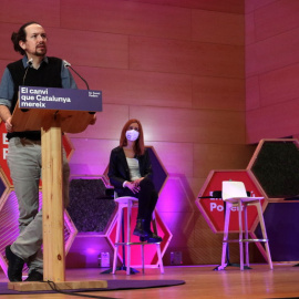 L'acte de campanya de la candidata d'En Comú Podem, Jéssica Albiach, amb Pablo Iglesias, vicepresident segon del govern espanyol, i Ada Colau, alcaldessa de Barcelona, a Santa Coloma de Gramanet.