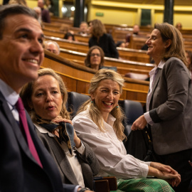 14/02/2023. Pedro Sánchez junto a las vicepresidentas del Gobierno: Nadia Calviño, Yolanda Díaz y Teresa Ribera, a 8 de febrero de 2023.