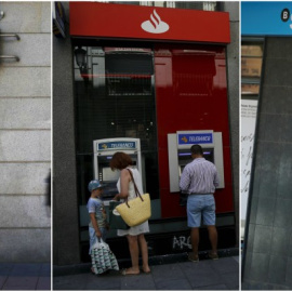 Clientes usando los cajeros automáticos de BBVA, Banco Santader y Banco Sabadell. REUTERS