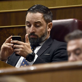 El líder de Vox, Santiago Abascal, durante su intervención. AFP/Óscar del Pozo