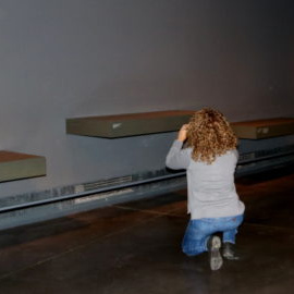 Una dona fotografia les lleixes del Museu de LLeida on eren les obres de Sixena. / Museu de Lleida.