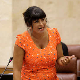 Teresa Rodríguez, portavoz del Grupo parlamentario Podemos, en su debate con la presidenta de la Junta de Andalucía