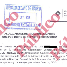 Encabezado de la denuncia presentada este lunes por la Agrupación Reformista de Policías contra la concesión de medallas rojas en presuntos delitos de prevaricación y malversación.