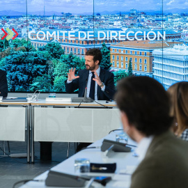 El líder del PP, Pablo Casado, y su número dos, Teodoro García Egea, presiden el comité de dirección del partido.