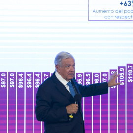 23/09/2022-El mandatario mexicano, Andrés Manuel López Obrador, durante una rueda de prensa este viernes, en el Palacio Nacional de la Ciudad de México (México)