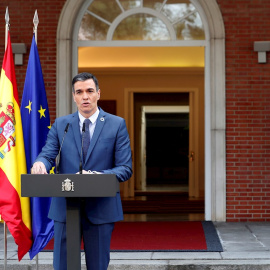 El presidente del Gobierno, Pedro Sánchez, comparece tras participar en la reunión telemática del Consejo Europeo extraordinario del 26 de febrero.