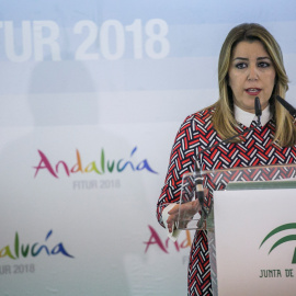 La presidenta de la Junta de Andalucía, Susana Díaz, durante la inauguración del pabellón de Andalucía en FITUR 2018. EFE/Santi Donaire