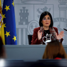 La ministra de Sanidad, Carolina Darías, durante la rueda de prensa ofrecida este miércoles en Madrid tras su asistencia al Consejo Interterritorial de Salud.