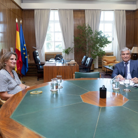 La vicepresidenta tercera y ministra para la Transición Ecológica, Teresa Ribera, con el presidente ejecutivo de Naturgy, Francisco Reynés, durante  la ronda de contactos para diseñar el Plan de Contingencia de seguridad energética con repr