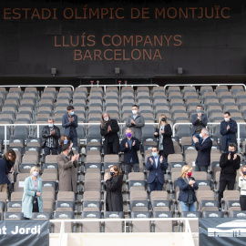 Los directores de los festivales Primavera Sound, Sonar, Cruïlla, Canet Rock, Vida, de la promotora The Project, junto con los máximos representantes de Salud y Cultura de la Generalitat y la alcaldesa de Barcelona durante un acto celebrado