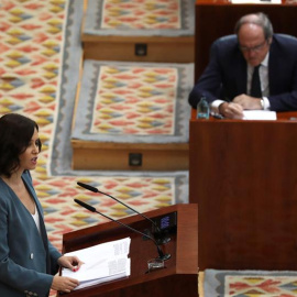 La candidata del PP a la Presidencia de la Comunidad de Madrid, Isabel Díaz Ayuso, durante su discurso de la primera sesión del pleno de investidura.