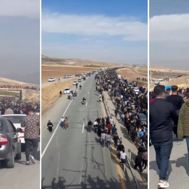 Combo de imágenes de cientos de personas andando por una autopista en dirección al cementerio de Aichi, en la ciudad iraní de Saquez, este 26 de octubre de 2022.