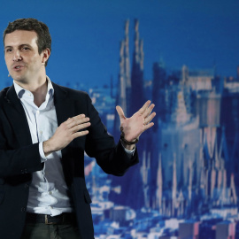 El presidente del PP, Pablo Casado en el acto de presentación en Barcelona de los candidatos del PPC a las alcaldías de las cuatro capitales catalanas.- EFE/Andreu Dalmau