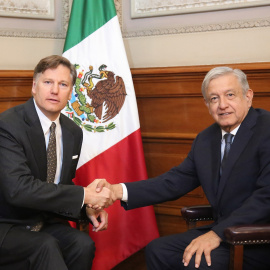 26/08/2019.- El presidente de México, Andrés Manuel López Obrador (d) saluda al embajador de Estados Unidos en el país, Christopher Landau (i). / EFE