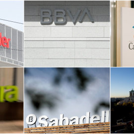 Logos de los seis grandes bancos del Ibex 35: Banco Santander, BBVA, Caixabank, Bankia, Banco Sabadell, y Bankinter. REUTERS/EFE