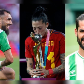 Montaje fotográfico de los jugadores del Betis Borja Iglesias e Isco Alarcón junto a la ganadora del mundo Jenni Hermoso