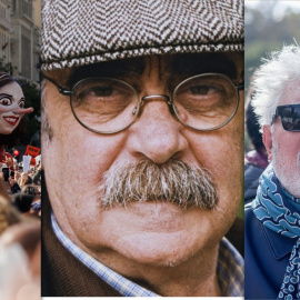 Imagen combinada de la manifestación por la sanidad pública madrileña, el cantautor José Antonio Labordeta y el cineasta Pedro Almodóvar