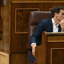 El presidente de CIudadanos, Albert Rivera, durante el Pleno del Congreso en el que el Gobierno ha dado explicaciones sobre la crisis del Open Arms. EFE/Fernando Villar