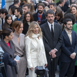 La vicepresidenta segunda y ministra de Trabajo y Economía Social, Yolanda Díaz, atiende a medios a su llegada al acto de homenaje a la Constitución, en el Congreso de los Diputados, a 6 de diciembre de 2023, en Madrid (España).