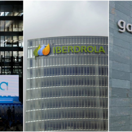 El logo de las tres grandes eléctricas, Endesa, Iberdrola y Gas Natural Febosa, en sus respectivas sedes.