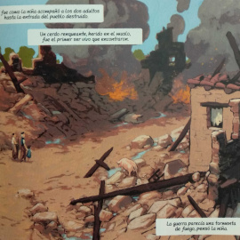 Imagen del cómic Sola, en la que se retratan los bombardeos en Catalunya.